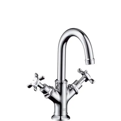 Waschtischarmatur mit zwei Kreuzgriffen in Chromausführung, designed von AXOR, geeignet für Handwaschbecken, mit Zugstangen-Ablaufgarnitur.
